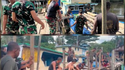 Satgas Yonif 123/Rajawali Rehabilitasi Dermaga Sahapikya, Perkuat Akses dan Kesejahteraan Warga Mappi